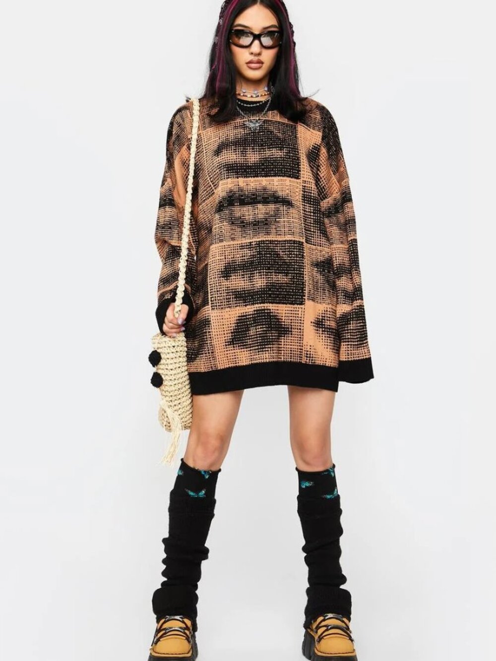 THE RAGGED PRIEST Lips Print Knit Sweater Oversized Crewneck Brown/Black XS